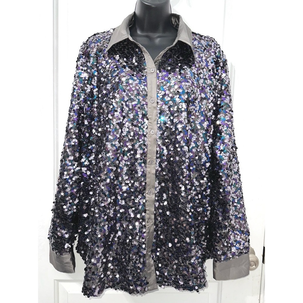 Lilypad grey sequin button down blouse